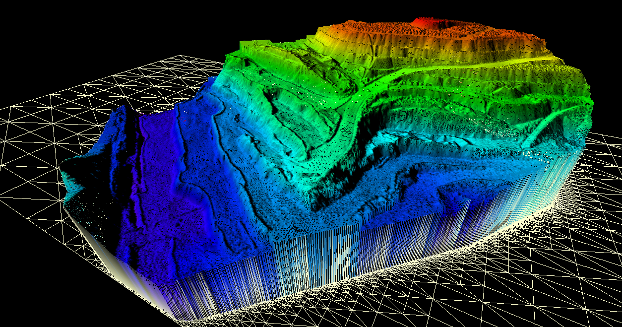 Three-dimensional bedrock surface model coloured by elevation